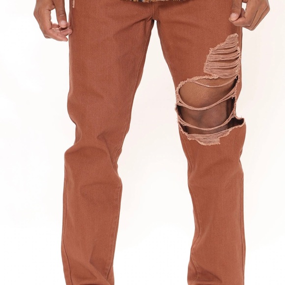 NEW Fashion Nova 5 pocket Brown Extreme Open Knee Rip Straight Jeans size 40 - Picture 2 of 2